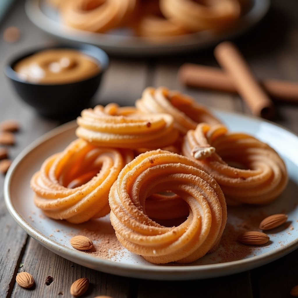Churros dorados y crujientes de harina de almendra dispuestos en un plato rústico, acompañados de un bol pequeño con salsa de cacahuete espesa y brillante. Postre keto sin azúcar con textura esponjosa y aroma a vainilla.