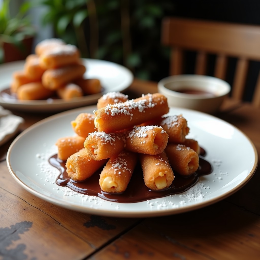 Churros dorados y crujientes de harina de coco en airfryer, bañados en chocolate negro 100% derretido, con un toque de canela espolvoreada. Postre keto sin azúcar sobre papel encerado rústico.
