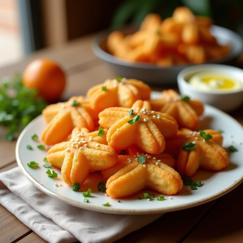 Churros dorados de harina de garbanzo servidos en plato de barro, espolvoreados con azúcar moreno y canela, con fondo de airfryer y taza de café humeante. Aperitivo español sin gluten crujiente.