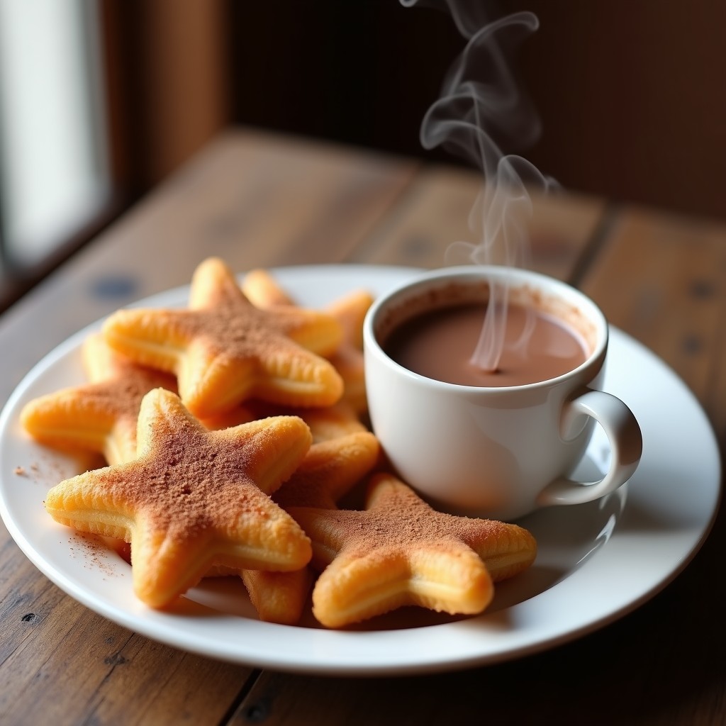Plato blanco con churros dorados y crujientes de harina de garbanzo, espolvoreados con azúcar y canela, acompañados de una taza humeante de chocolate caliente vegano. Postre vegano y sin gluten.