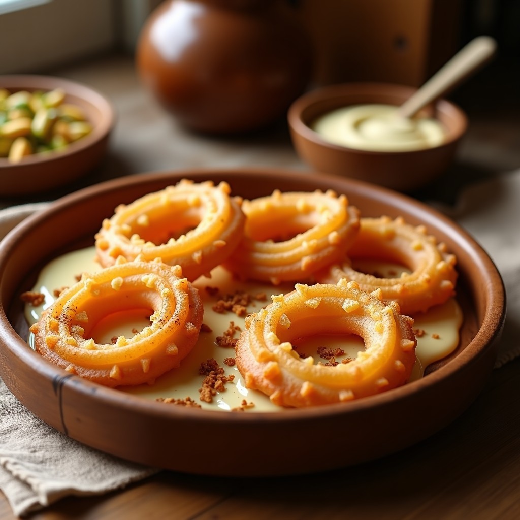 Churros dorados y esponjosos de harina de garbanzo sobre una bandeja rústica de madera, bañados con salsa cremosa de tahini y miel, decorados con pistachos picados y un toque de canela, postre sirio sin gluten.