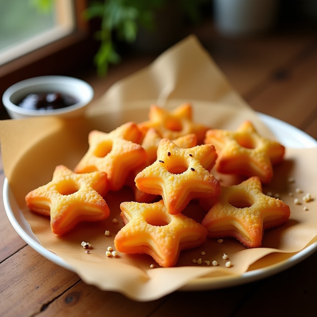 Churros dorados y crujientes de queso manchego y harina de almendra en airfryer, servidos sobre papel de horno con semillas de sésamo y un bol de salsa de ajo negro al lado, receta keto española.