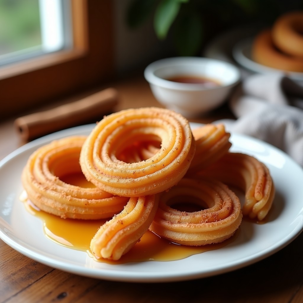 Churros dorados y crujientes de quinoa con vetas de canela, bañados en sirope de agave brillante, servidos sobre un plato de cerámica blanca con fondo rústico de madera. Postre sin gluten y sin fritura hecho en airfryer.