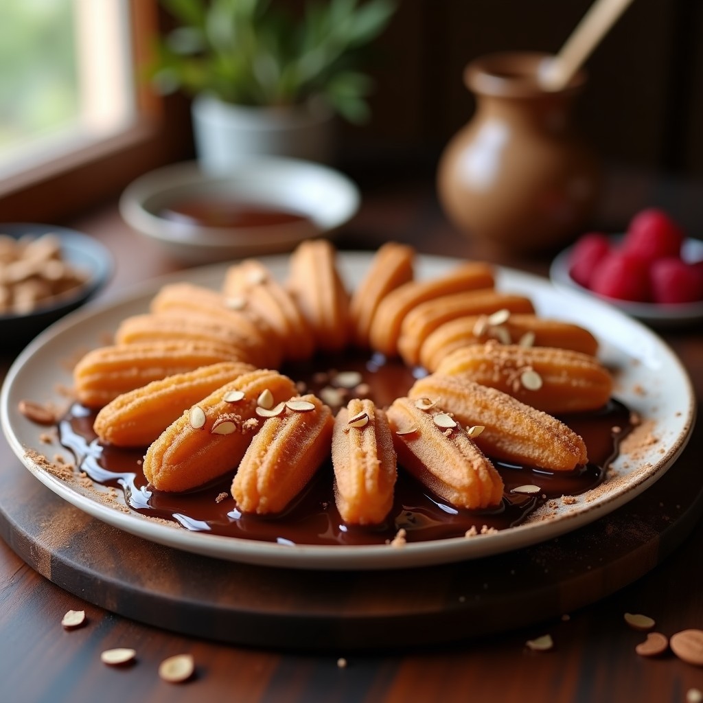 Churros dorados y crujientes de quinoa con vetas de canela, bañados en chocolate 100% brillante y espolvoreados con almendras fileteadas sobre una bandeja de madera rústica. Postre vegano sin gluten y sin fritura.