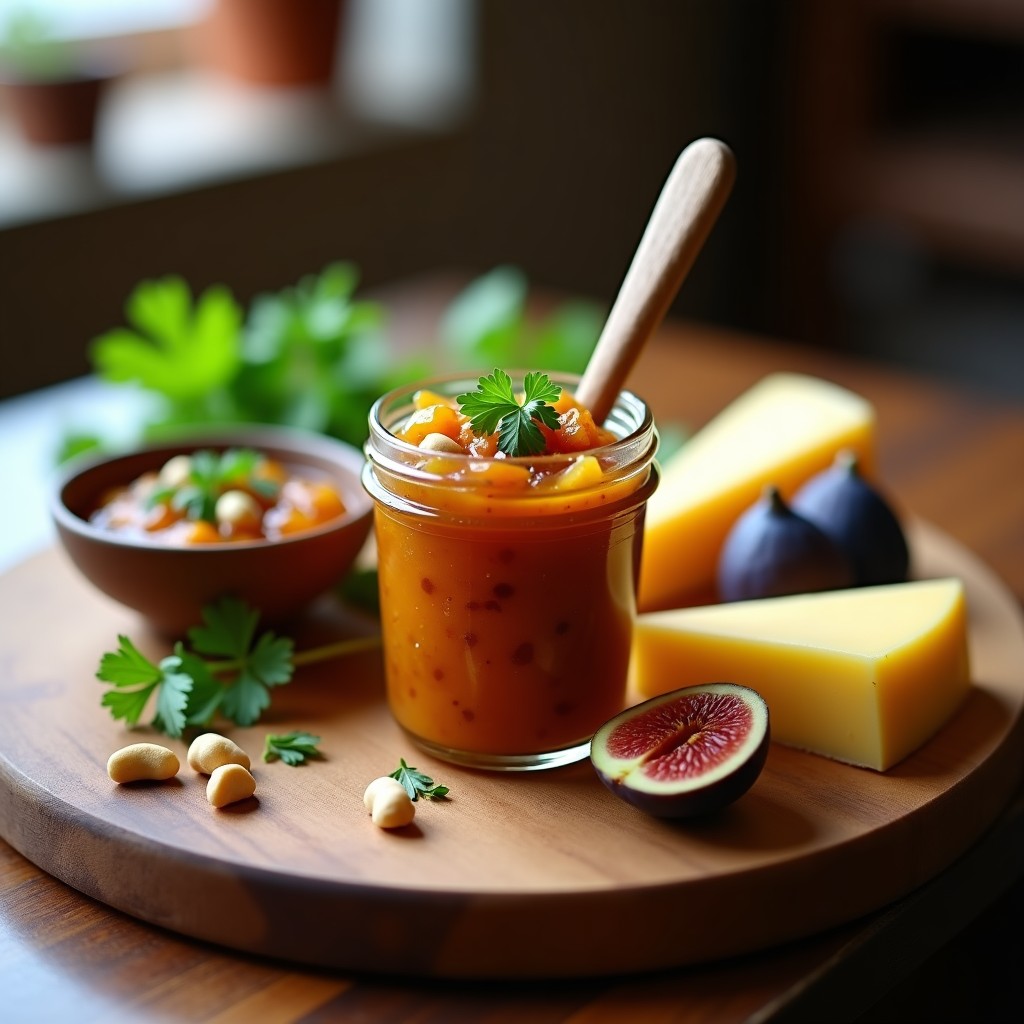Tarro de cristal transparente lleno de chutney de higo y jengibre con toque de vinagre de manzana, de color marrón dorado y textura gruesa, acompañado de queso manchego en lonchas y anacardos tostados sobre una tabla de madera rústica con hierbas frescas de cilantro.
