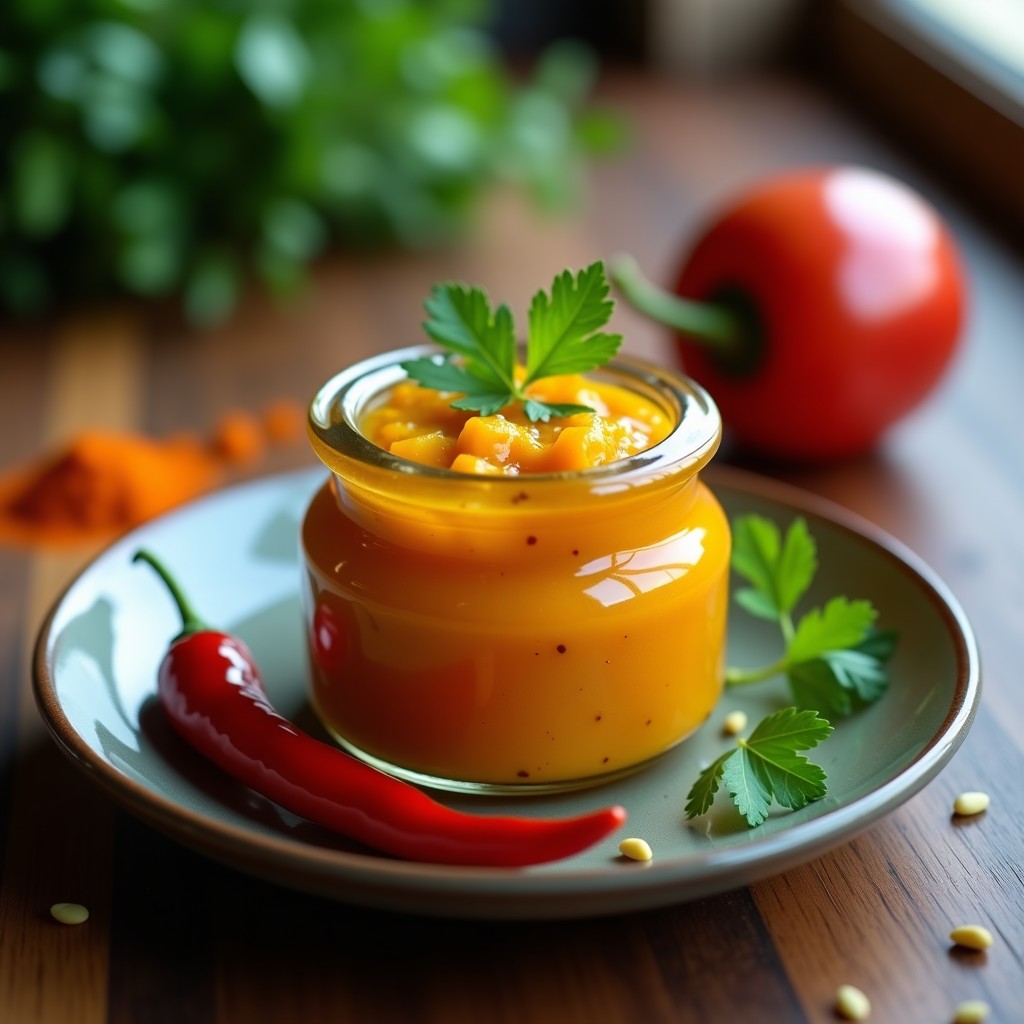 Tarrito de cristal con chutney de mango y chili, de color dorado y textura gruesa con trozos de mango visibles, rodeado de hojas de cilantro fresco y un chili rojo entero sobre fondo de madera rústica. Receta india de 20 minutos.