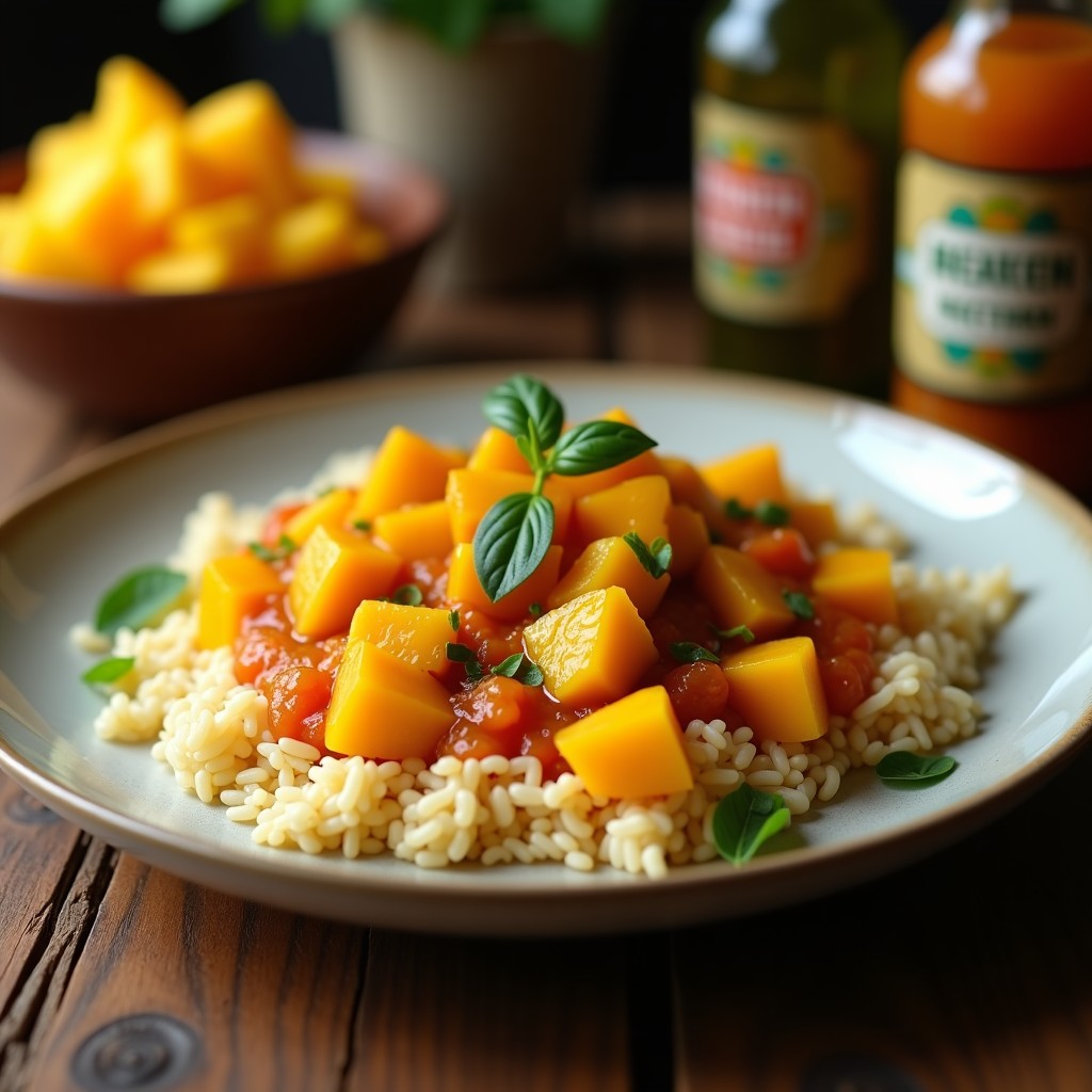 Cuenco de barro rústico con chutney de mango y mostaza negra vegano, de color verde brillante con trozos visibles de mango y especias. Acompañado de hojas de cilantro fresco y semillas de mostaza negra espolvoreadas. Fondo de madera oscura con especias indias al lado.