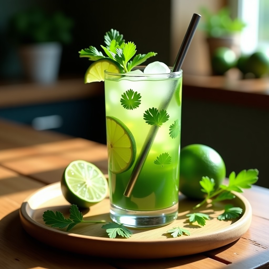 Vaso alto transparente con mojito de cilantro y lima sin azúcar, decorado con rodajas de lima y hojas de cilantro fresco, servido con hielo y pajita, sobre fondo de madera rústica con luz natural.