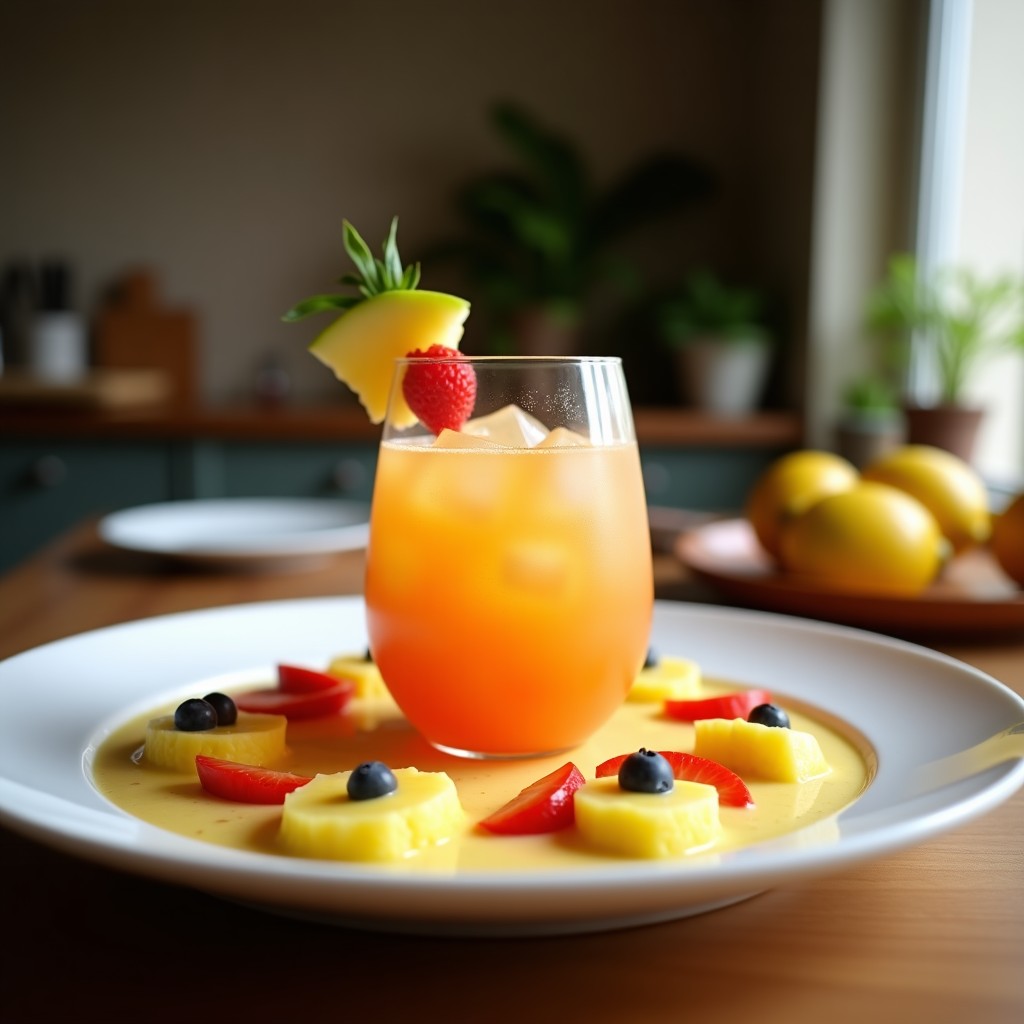 Vaso alto transparente con cocktail de frutas tropicales de color dorado intenso, decorado con semillas de chía en suspensión y hojas de menta fresca. Fondo con trozos de maracuyá, guayaba y lulo sobre una superficie de madera rústica. Bebida detox y energética con agua de coco.