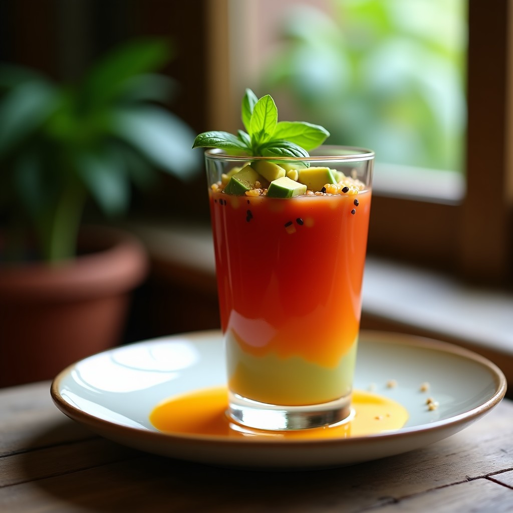 Copa de cristal elegante con cocktail de gazpacho andaluz frío, topping de cubos de aguacate verde cremoso y vinagreta de azafrán dorada en zigzag, decorado con hojas de cilantro fresco sobre fondo oscuro.