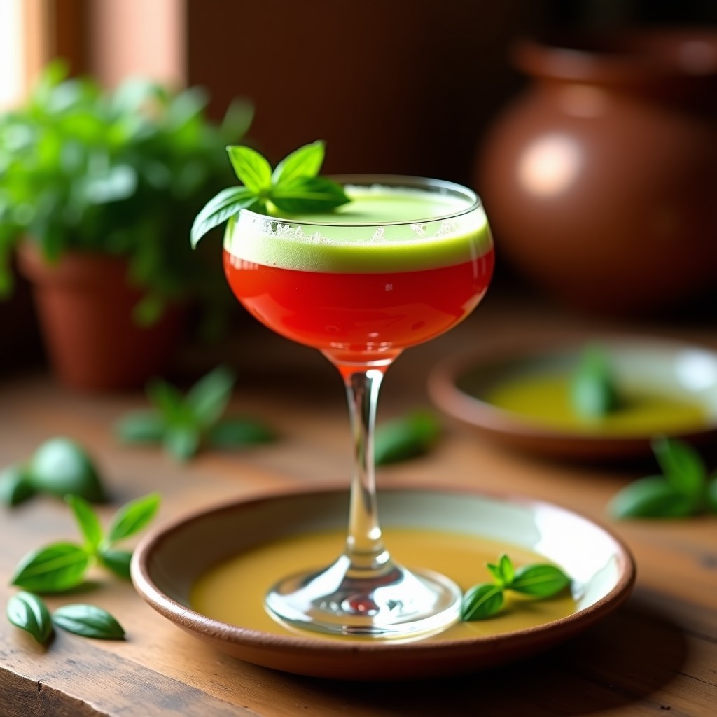 Copa alta de cristal transparente con Cocktail de Gazpacho rojo intenso, coronado por una espuma verde esmeralda de albahaca. Fondo borroso con hierbas frescas y luz natural resaltando los colores vibrantes de esta bebida fría andaluza gourmet.