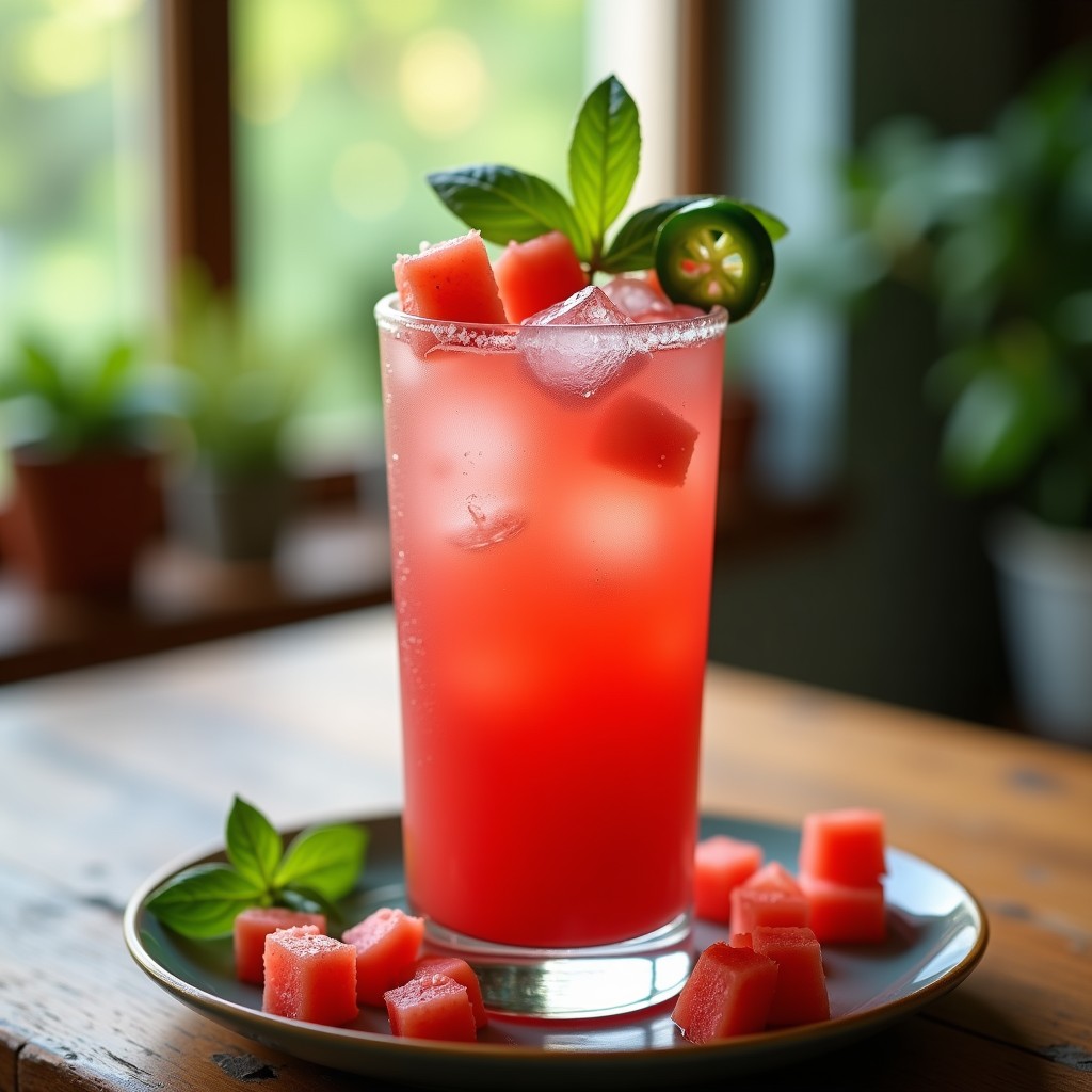 Cocktail de sandía y albahaca con chispas de jalapeño servido en copa alta con hielo, trozos de sandía y hojas de albahaca como decoración, sobre fondo de mesa rústica con luz natural de verano.