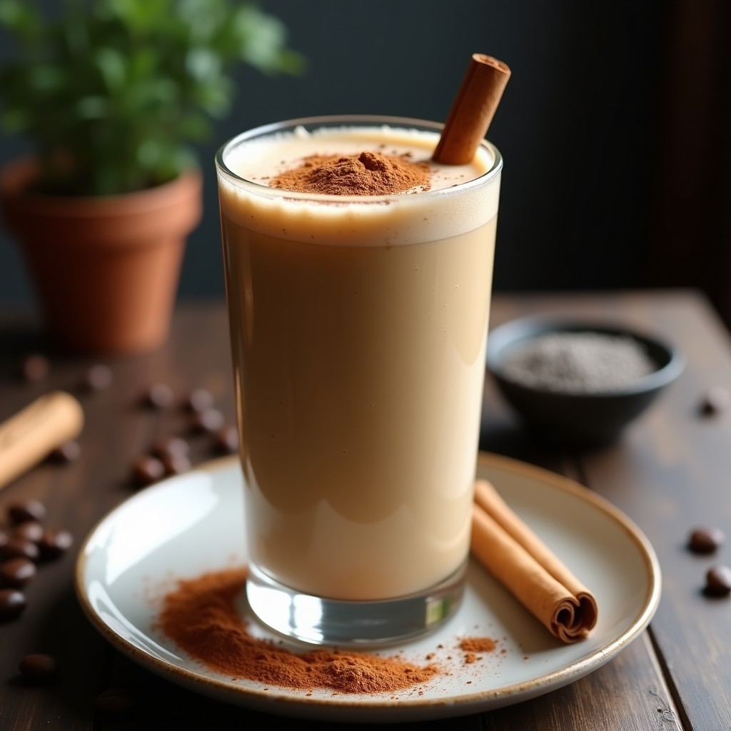 Vaso alto transparente con Coffee Smoothie keto de color marrón claro, espolvoreado con canela en polvo, sobre una mesa de madera rústica con granos de café y semillas de cáñamo al lado.