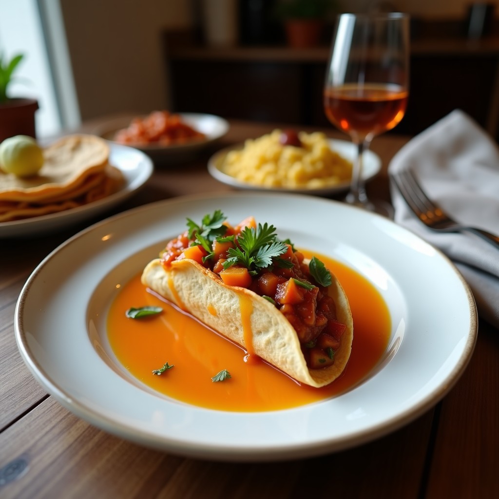 Plato blanco con 4 conchas de taco de maíz azul crujientes, rellenas de hummus cremoso, granos de granada rojos brillantes, hojas de menta verde y semillas de sésamo doradas, con un hilo de aceite de oliva. Entrante mediterráneo sin gluten.