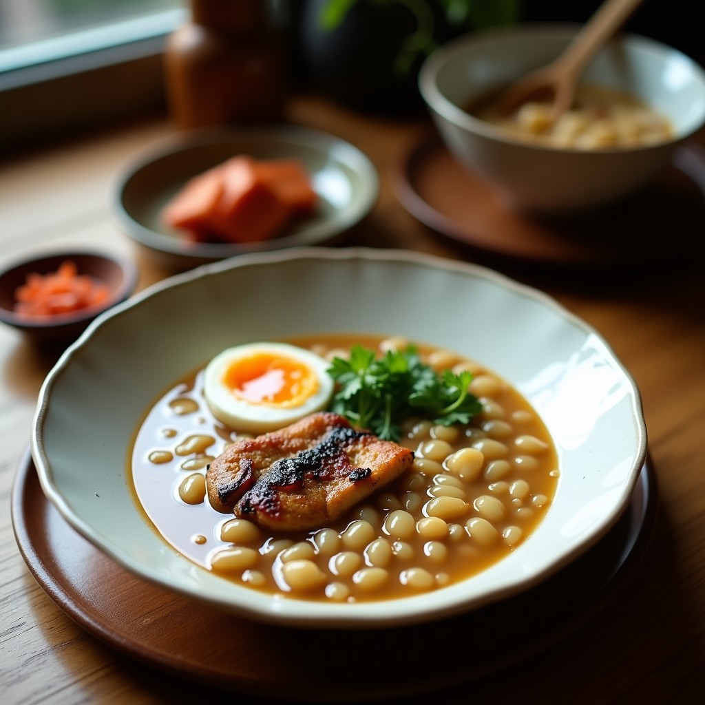 Bowl de porcelana blanca con congee cremoso de color beige, decorado con láminas de hongos shiitake, semillas de sésamo negro y cebollino picado. Al fondo, jengibre negro fresco y una cuchara de madera. Receta de congee de hongos shiitake y jengibre negro.