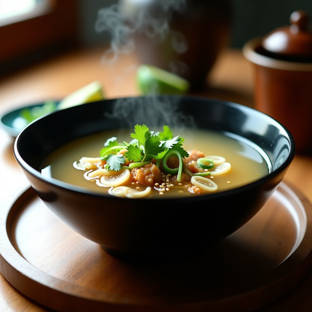 Tazón de cerámica negra con consomé asiático humeante, decorado con rodajas de jengibre, cebolla verde, semillas de sésamo y hojas de cilantro, servido con rodaja de limón al lado.