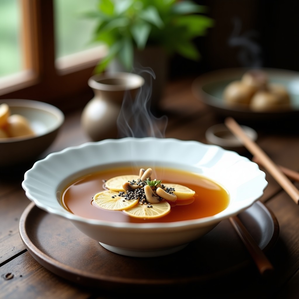 Tazón de porcelana blanca con consomé de champiñones y jengibre humeante, rodajas de raíz de lotus flotando, decorado con semillas de cilantro y un hilo de aceite de sésamo, fondo oscuro con utensilios tradicionales chinos.
