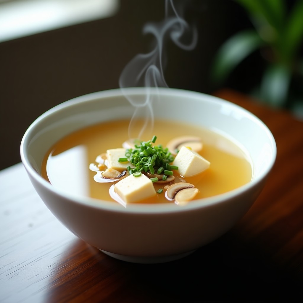 Cuenco de cerámica blanca con consomé de hongos shimeji y tofu con jengibre, sopa japonesa vegana transparente con tofu en cubos, láminas de jengibre y cebollino fresco, sobre fondo de madera oscuro.