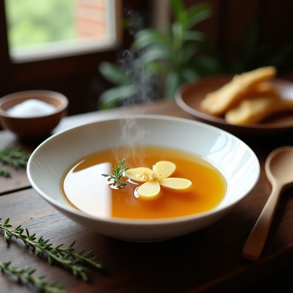 Tazón de cerámica blanca con consomé de huesos de res y jengibre keto, color ámbar dorado, humeante, rodeado de rodajas de jengibre fresco, hojas de cilantro y un cuenco pequeño con sal marina. Fondo rústico de madera con especias al lado.