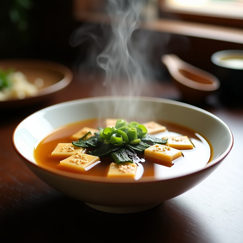 Cuenco de cerámica blanca con consomé japonés humeante, miso disuelto, tofu ahumado en cubos, algas wakame hidratadas y cebolla verde picada. Semillas de sésamo tostadas espolvoreadas en la superficie. Fondo de madera oscura con utensilios tradicionales japoneses.