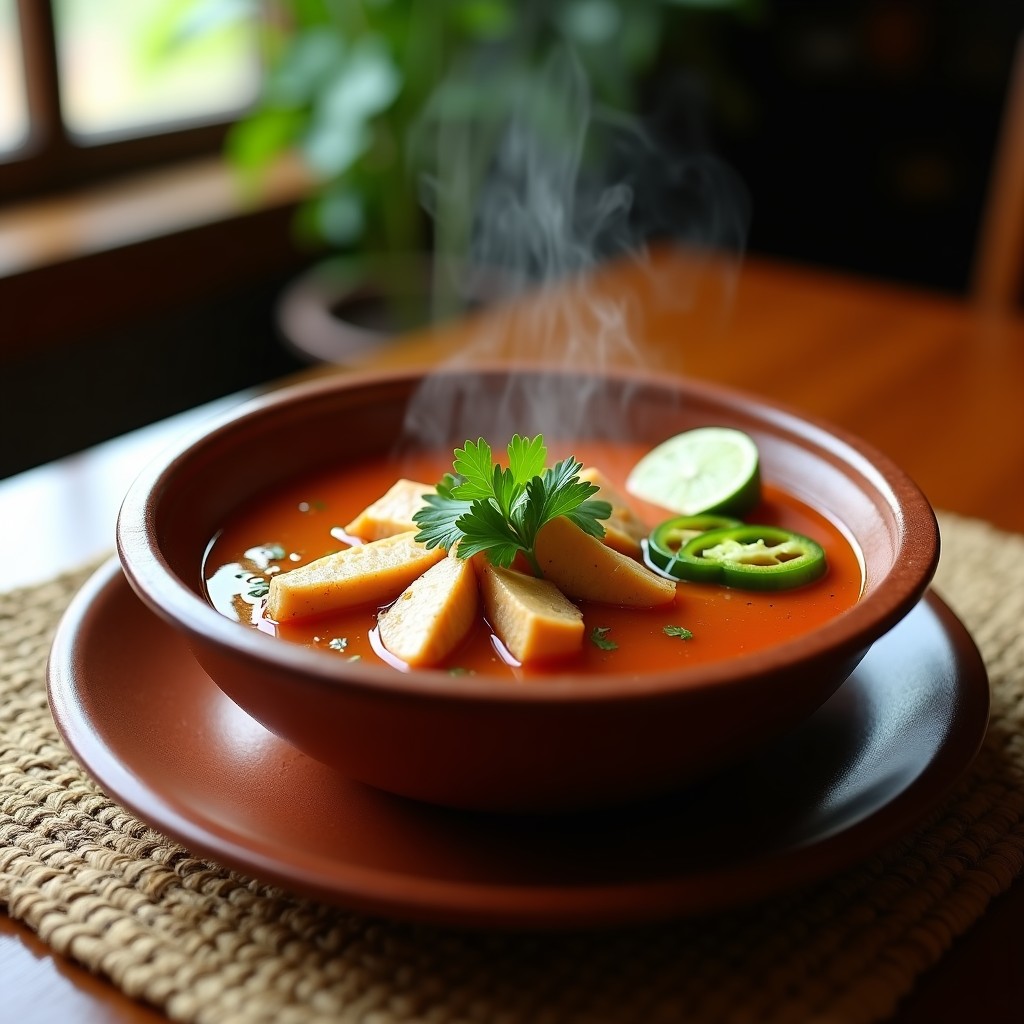 Tazón hondo de barro con consomé jarocho de pescado tiburón, caldo dorado con trozos de pescado, jitomate y cilantro fresco, acompañado de limón y chile serrano.