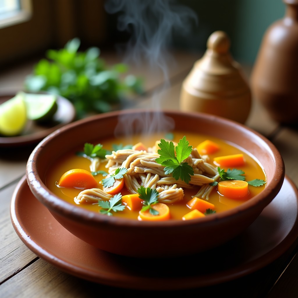 Tazón hondo de barro con consomé mexicano tradicional humeante, pollo desmenuzado, zanahoria, calabaza y epazote, acompañado de limón y cilantro fresco.