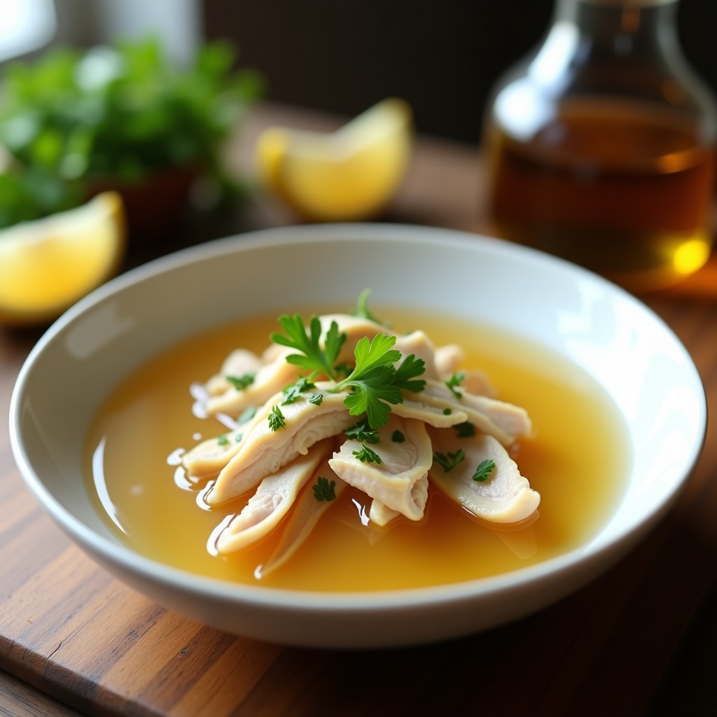 Tazón blanco humeante con consomé de pollo dorado y transparente, rodajas de jengibre fresco, trozos de pechuga desmenuzada y perejil fresco. Receta de olla express.