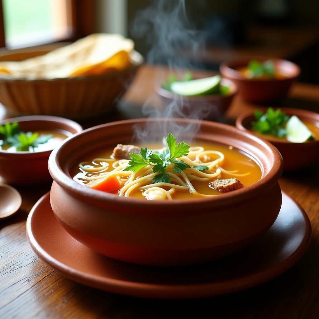 Olla de barro humeante con consomé de tres carnes mexicano, transparente y dorado, servido en tazones de barro con fideos, cilantro fresco y rodajas de limón al lado.