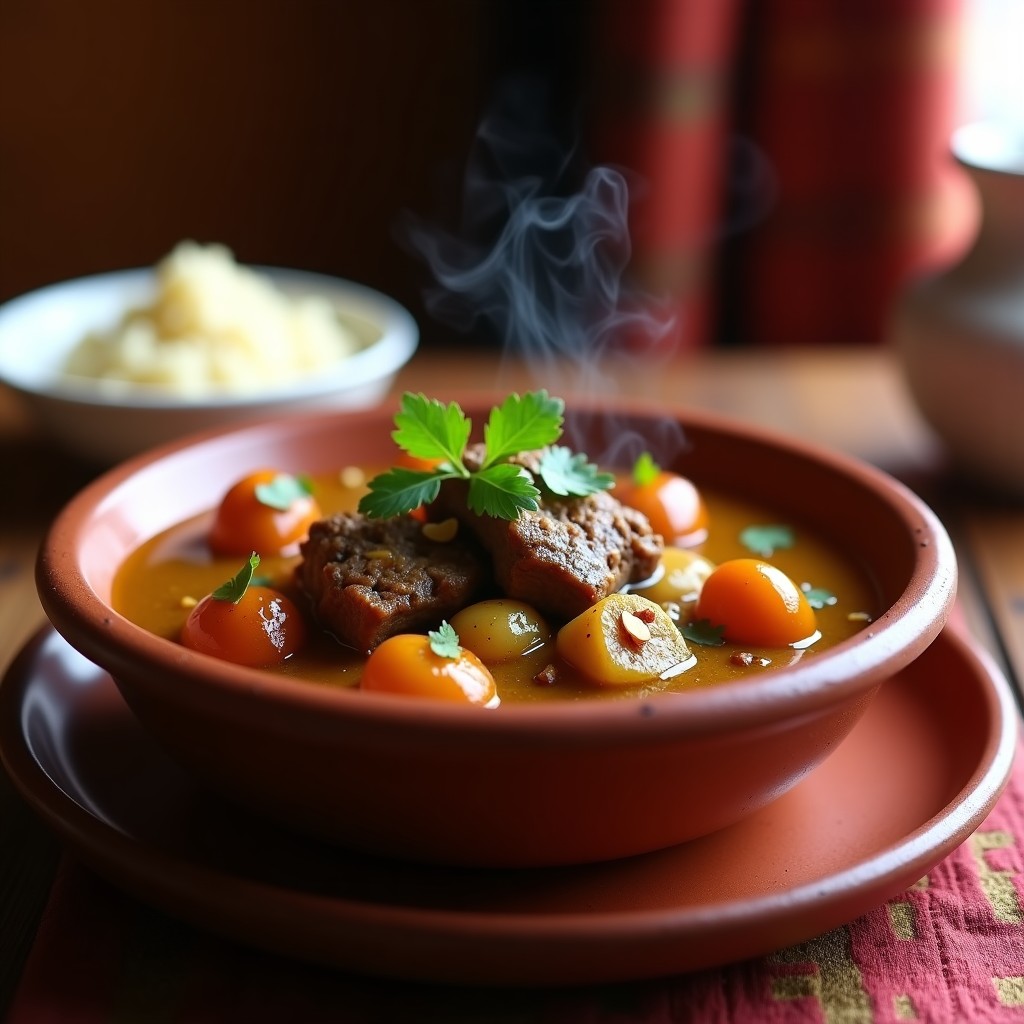 Plato hondo de barro con cordero al curry con ciruelas y miel, bañado en una salsa espesa y dorada. Trozos tiernos de cordero, ciruelas pasas brillantes y almendras fileteadas tostadas. Decorado con cilantro fresco y servido sobre cuscús. Receta marroquí de olla lenta con aroma exótico.