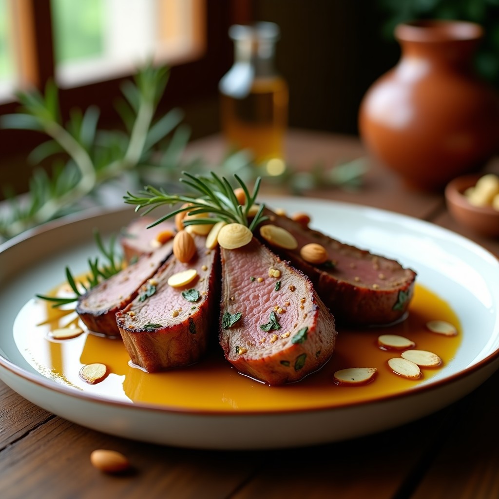 Plato de barro rústico con cordero al horno glaseado con miel y romero, acompañado de zanahorias caramelizadas y almendras tostadas, receta griega tradicional en olla lenta.