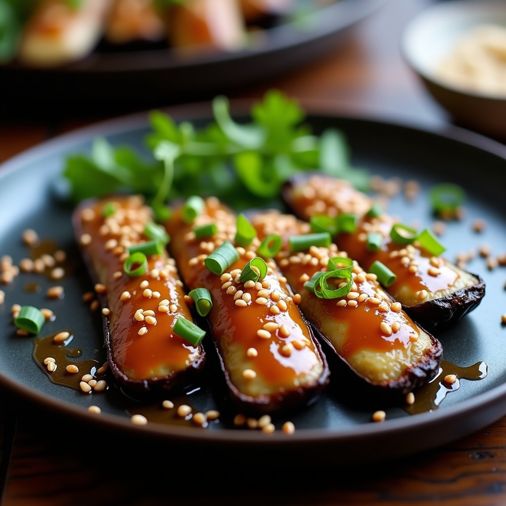 Costillas de berenjena asadas en horno con glaseado brillante de miso y tahini, espolvoreadas con sésamo tostado dorado y cebollino fresco, servidas en plato negro sobre fondo rústico de madera.
