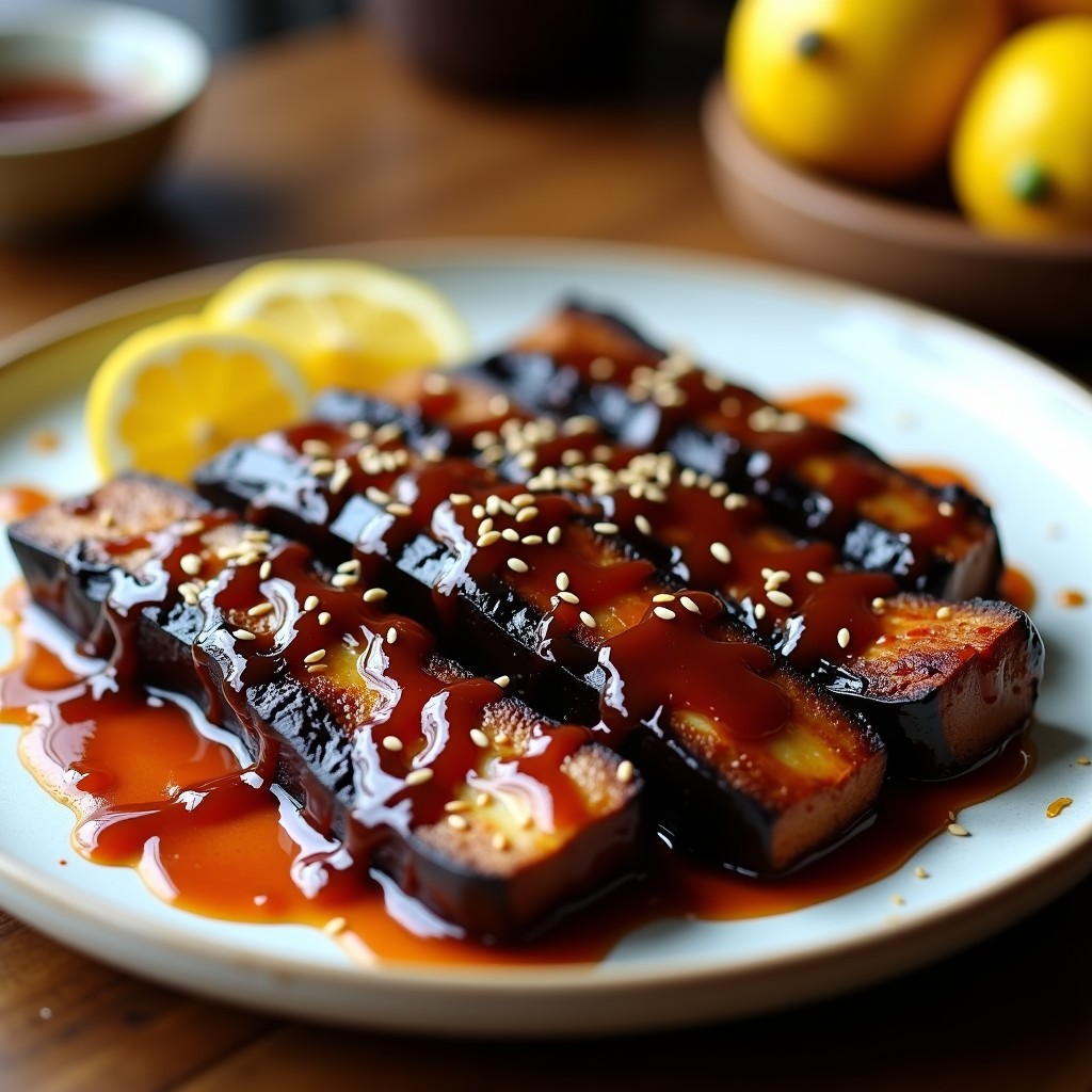 Costillas de berenjena asadas en airfryer con glaseado brillante de barbacoa de dátiles y limón, decoradas con semillas de sésamo y cebolla morada en juliana, servidas en plato de cerámica blanca sobre fondo rústico de madera.