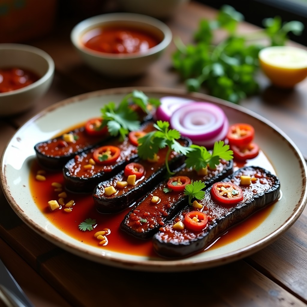 Costillas de berenjena al BBQ con salsa de tamarindo en airfryer, crujientes y ahumadas, servidas en plato de cerámica con cebolla morada, cilantro y chile serrano, fondo rústico de madera.
