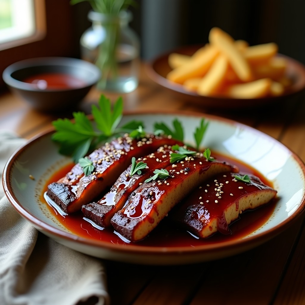 Costillas de berenjena al BBQ veganas en olla lenta, con salsa espesa y brillo ahumado, servidas en plato de barro con hierbas frescas y fondo rústico.