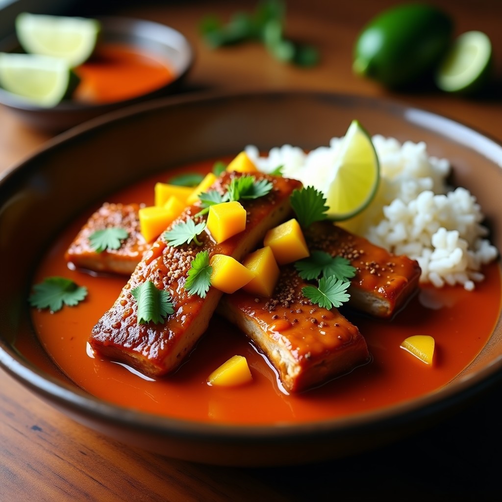 Plato hondo de barro con costillas de cerdo glaseadas en una salsa espesa de mango y jalapeño, decoradas con cilantro fresco y cubos de mango. Acompañadas de arroz blanco y rodajas de lima al lado. Receta de costillas de cerdo con salsa de mango y jalapeño en olla lenta.
