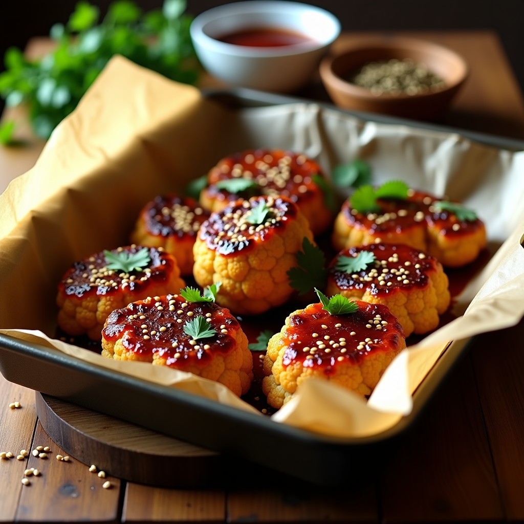 Bandeja de horno con costillas de coliflor al BBQ veganas, doradas y brillantes con salsa caramelizada, espolvoreadas con semillas de sésamo y cilantro fresco. Receta vegana en horno con sabor ahumado.