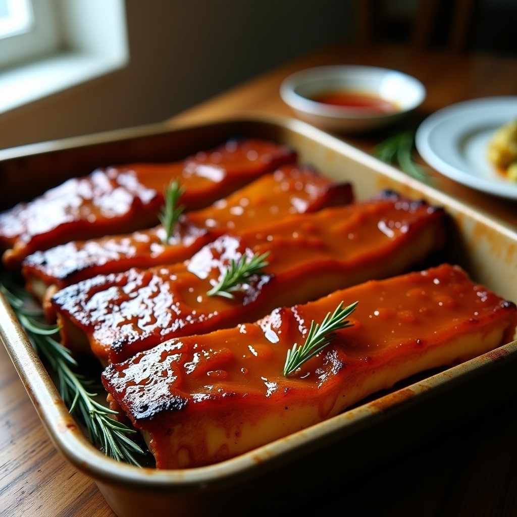 Bandeja de horno con costillas de cerdo glaseadas con miel y mostaza, doradas y brillantes, servidas sobre papel de horno con hierbas frescas.