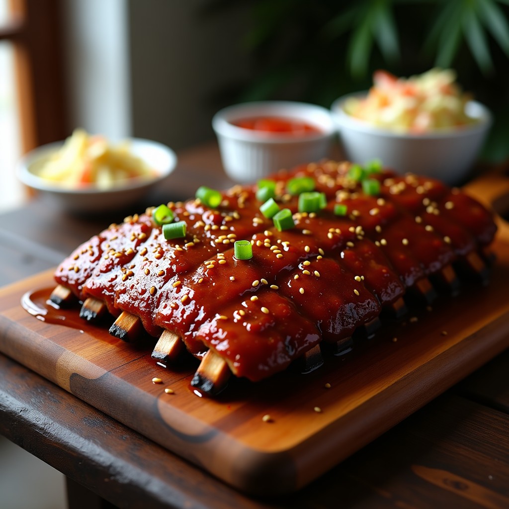 Costillas de cerdo glaseadas con miel y sriracha al horno, doradas y brillantes, servidas en una bandeja de madera con semillas de sésamo y cebollino.