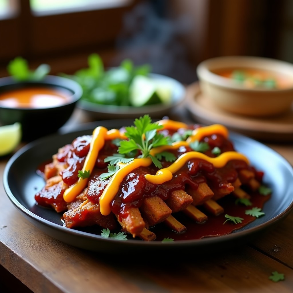 Costillas de jackfruit al BBQ con salsa de mango habanero en plato rústico de barro, bañadas en salsa espesa y brillante, decoradas con cilantro fresco. Fondo con tortillas de maíz y rodajas de limón. Receta vegana en olla lenta tipo Tex-Mex.