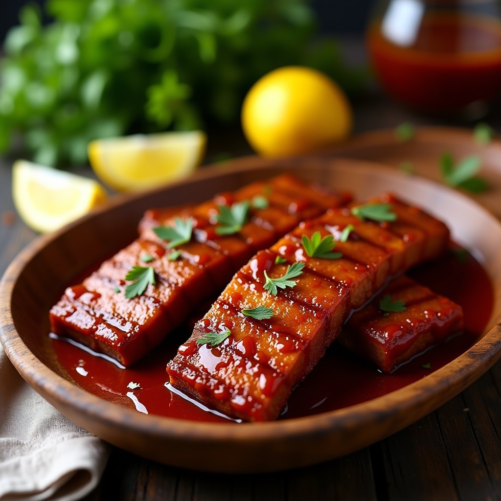 Costillas de seitán al horno doradas y glaseadas con salsa barbacoa sin azúcar, dispuestas en bandeja rústica con hierbas frescas y rodajas de limón, receta vegana alta en proteína.