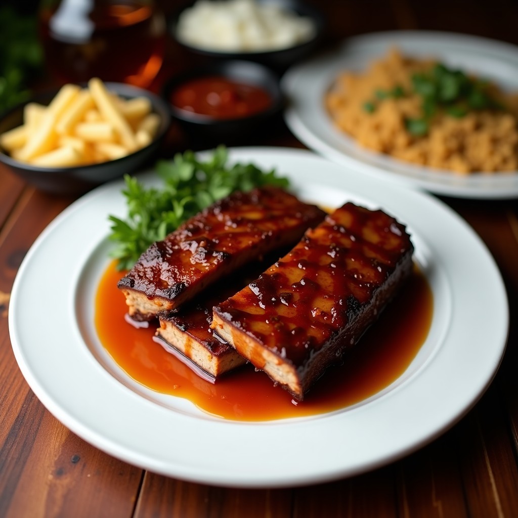 Costillas de seitán doradas y glaseadas con salsa BBQ de whisky y miel, servidas en platea de madera oscura con hierbas frescas y rodajas de limón. Receta vegana en airfryer con textura carnosas y brillo caramelizado.