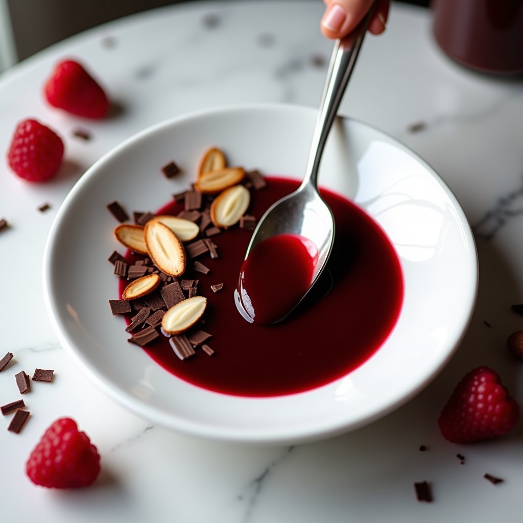 Cuchara de postre con coulis de frambuesa y chocolate negro sin azúcar, textura brillante y sedosa, decorado con almendras fileteadas sobre fondo blanco.