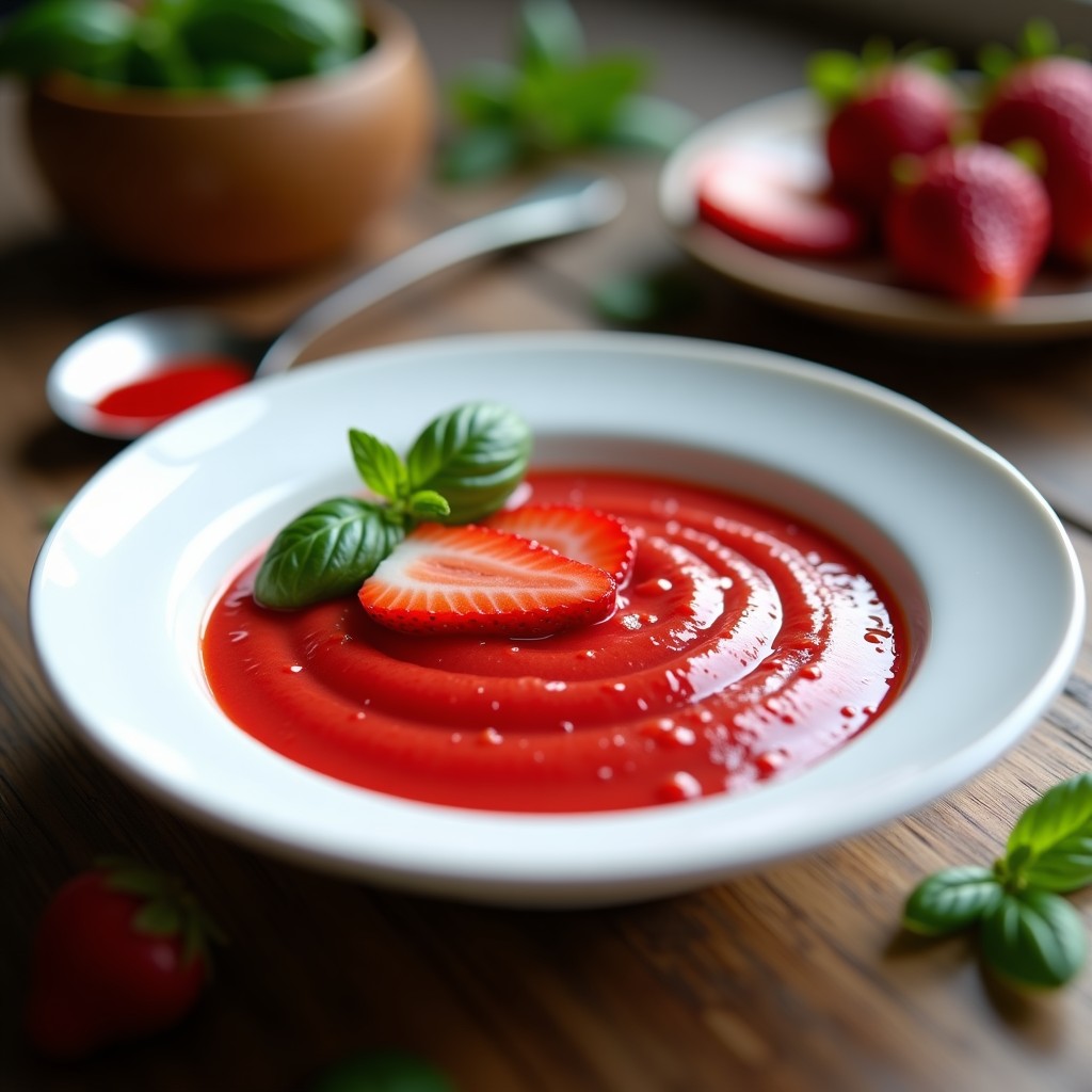 Coulis de fresa sin azúcar en un cuenco de porcelana blanca, con textura brillante y color rojo intenso, decorado con hojas de albahaca fresca y rodajas de fresa.