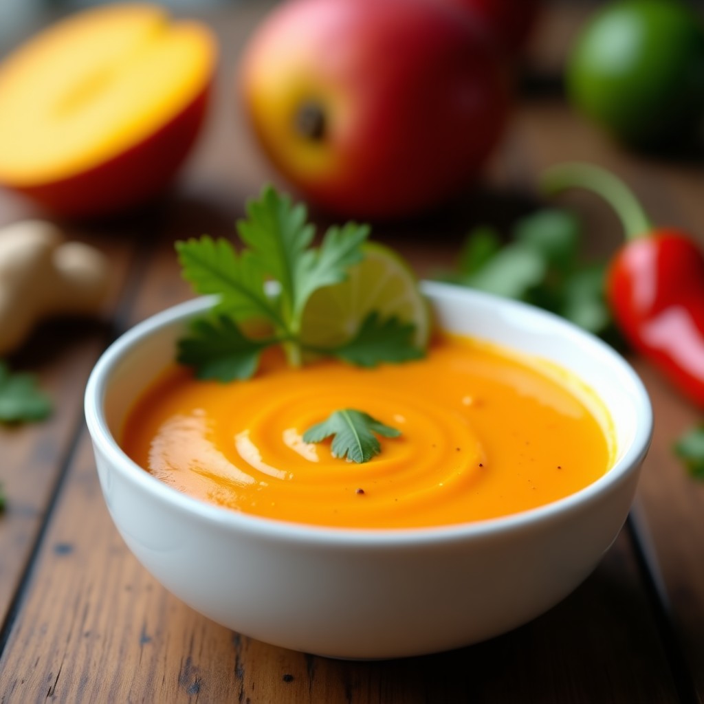 Bol pequeño de porcelana blanca con coulis de mango habanero, salsa picante gourmet de color naranja brillante, decorado con rodajas de limón y hojas de cilantro, sobre fondo rústico de madera.