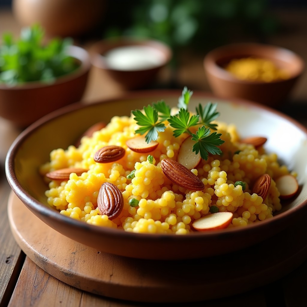 Plato hondo de barro con couscous de coliflor dorado, salpicado de pasas rubias y almendras tostadas. Decorado con perejil fresco y especias visiblemente integradas. Fondo rústico con texturas cálidas.