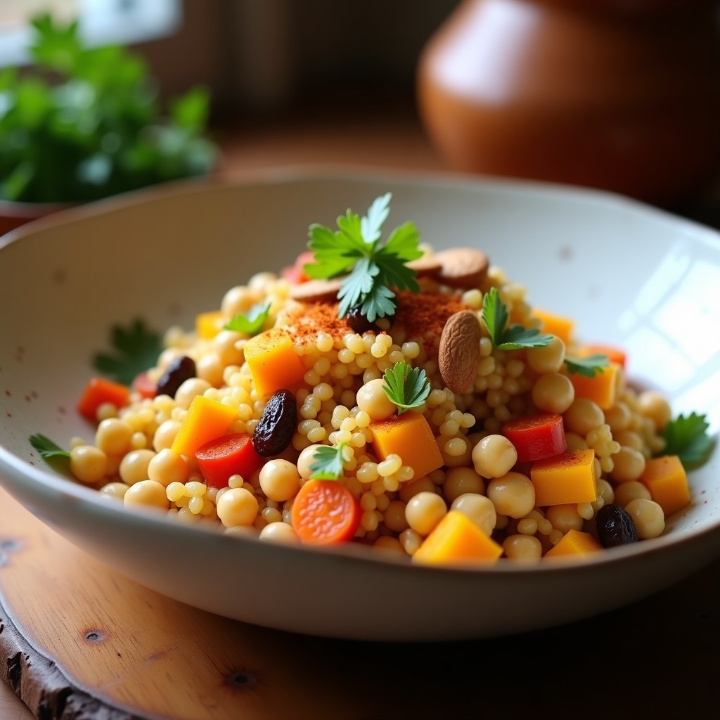 Plato hondo de cerámica blanca con couscous marroquí vegano con curry, garbanzos dorados, calabaza en cubos, zanahoria, pimiento rojo y almendras tostadas, decorado con cilantro fresco.