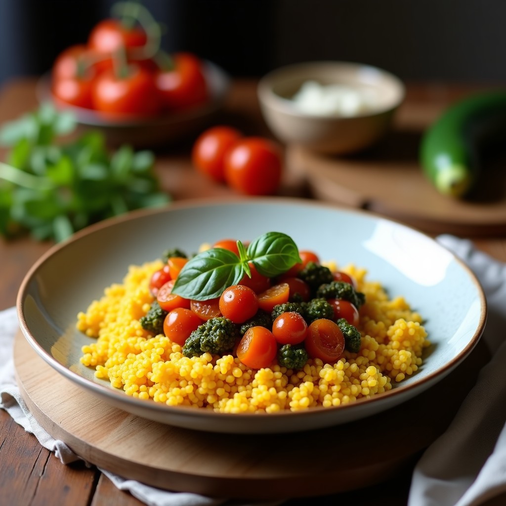 Plato hondo de barro con couscous marroquí vegano, verduras asadas en airfryer (berenjena, calabacín, pimiento) y garbanzos, decorado con perejil y almendras tostadas.