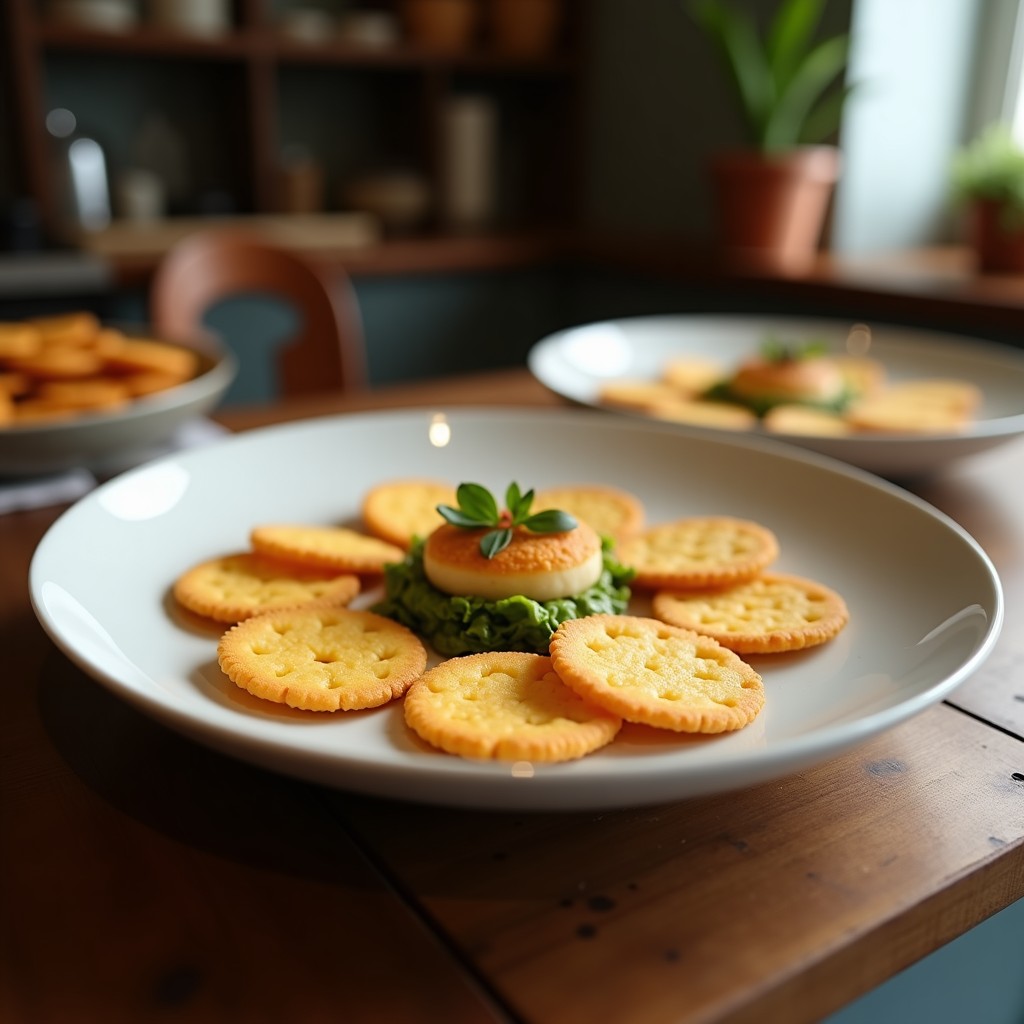 Bandeja de madera con crackers dorados de semillas de lino y romero, apilados de forma rústica junto a hojas frescas de romero y un bol pequeño de hummus. Aperitivo sin harina y rico en omega-3.