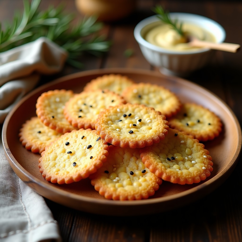Crackers dorados y crujientes de semillas de girasol y ajo negro apilados en un plato de madera rústico, con textura irregular y brillo natural. Receta keto y apta para airfryer.