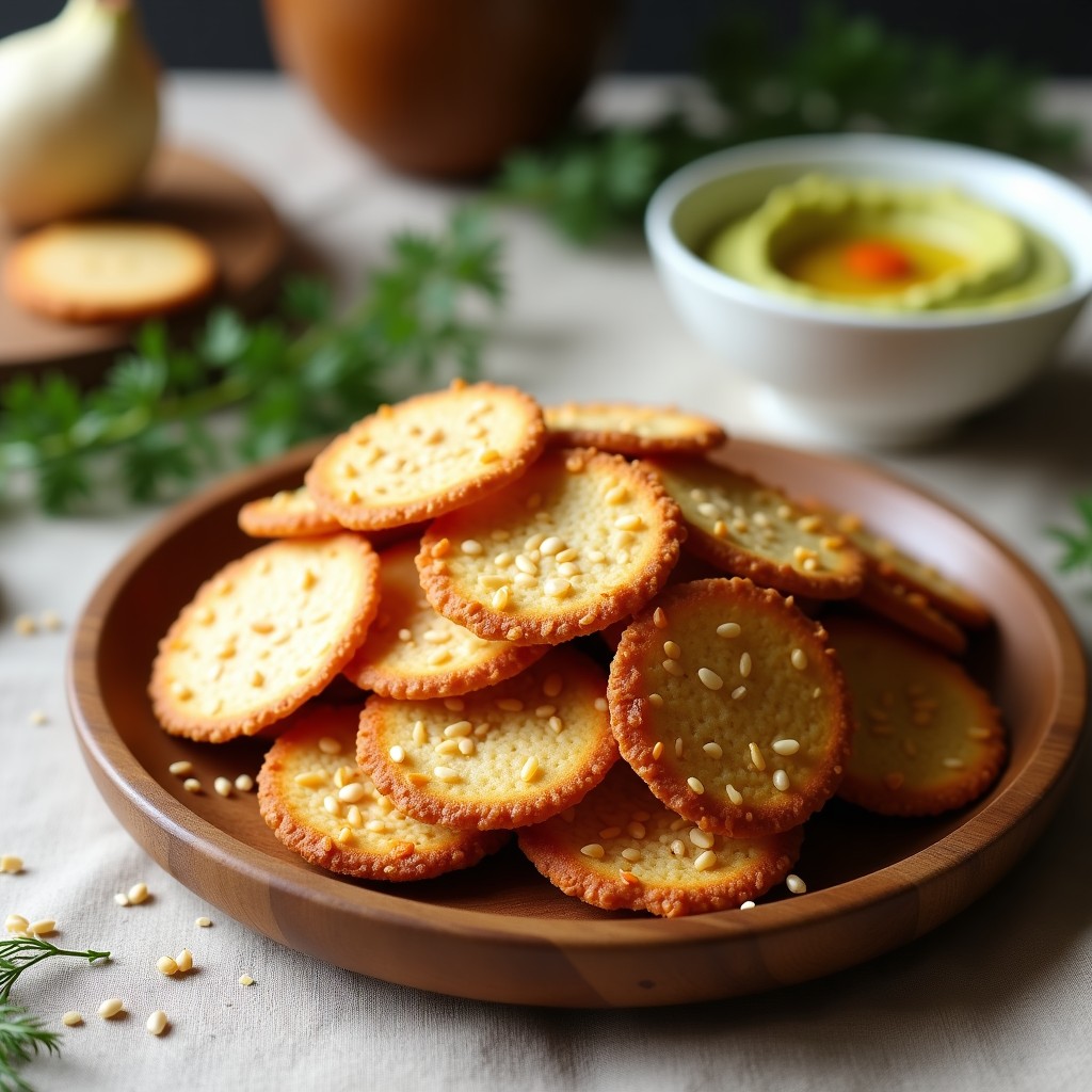 Plato de madera con crackers dorados de semillas de lino y sésamo apilados, textura crujiente y superficie tostada, acompañados de un bol de hummus y hierbas frescas. Receta keto sin horno.